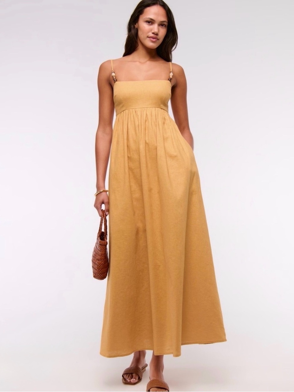 Abercrombie & Fitch Women's Tie Back Babydoll Linen Maxi Dress in Mustard Yellow
